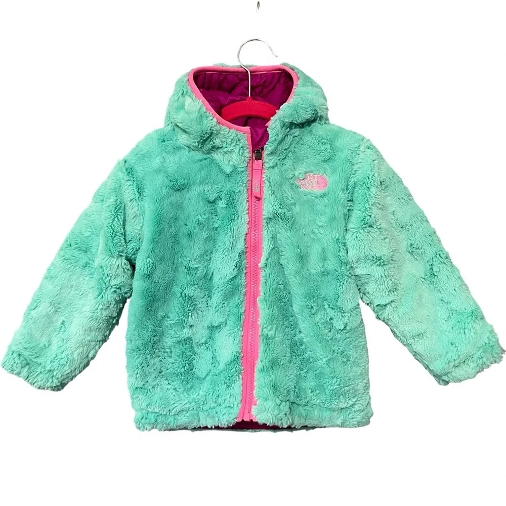 North Face Baby Girls Jacket Reversible Fuchsia Pink Mint Green Fleece 18-24M
